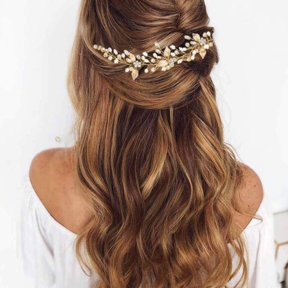 Jewelry - Gold Leaf Bride Hair Combs Pearl Crystal Bridal Hair Accessories for Weddings